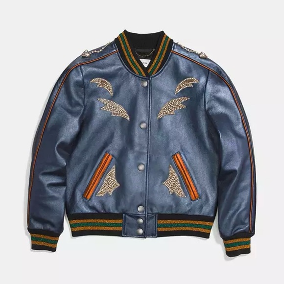 COACH Leather Womens Varsity Bomber Jacket Metallic Jeweled